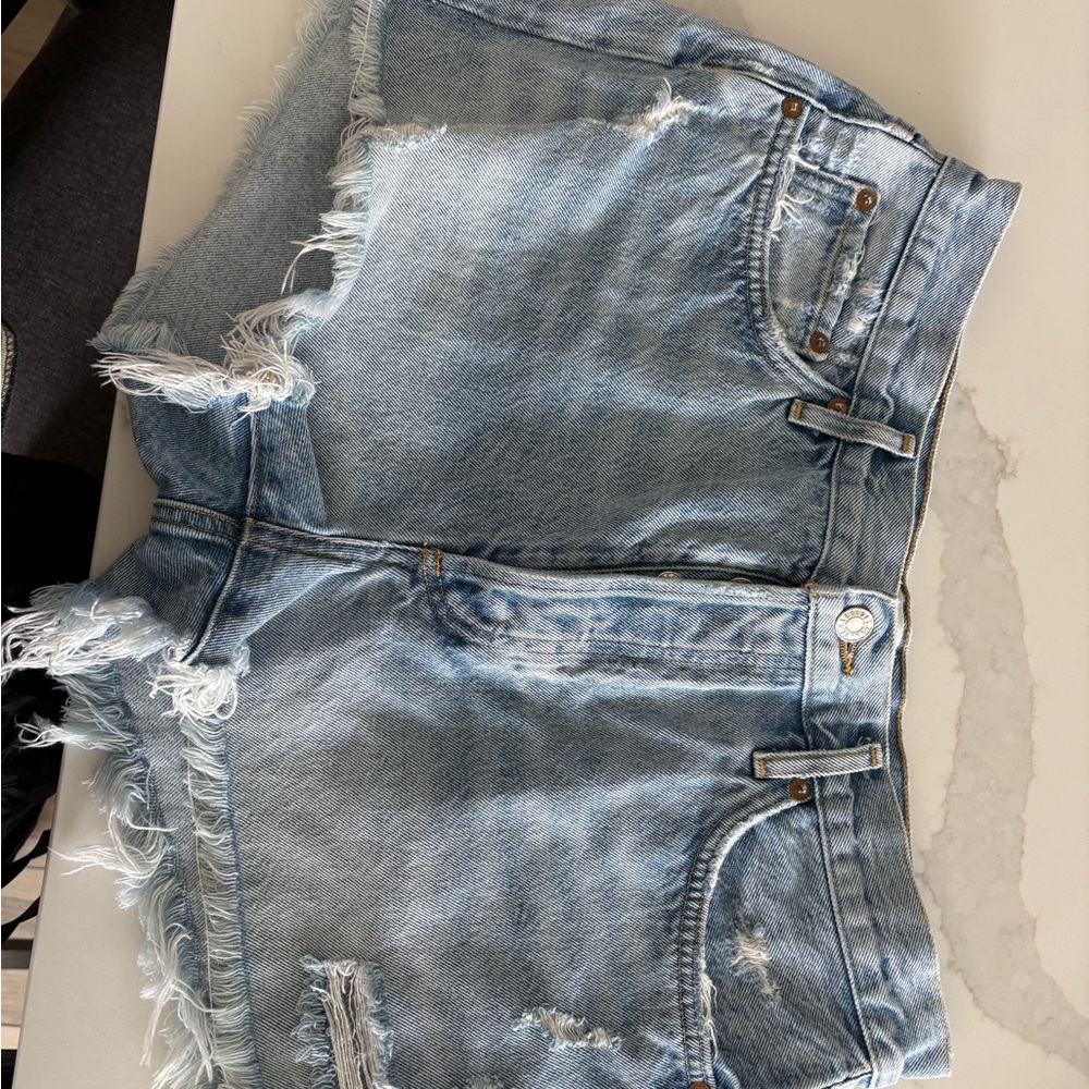 Agolde Light Blue Frayed Jean Shorts